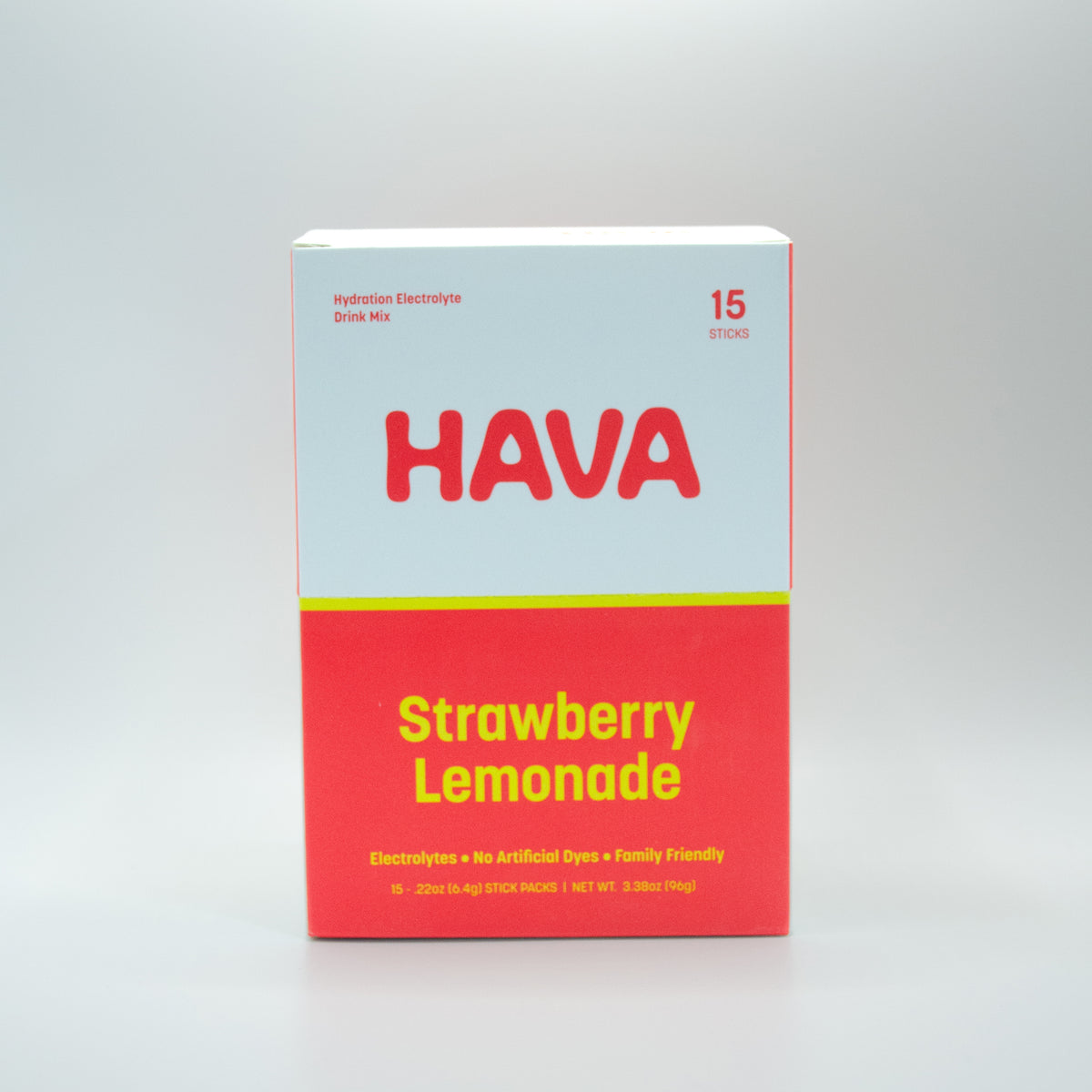A box of HAVA Strawberry Lemonade electrolyte drink mix, featuring a white top half with red HAVA branding and a red bottom half with yellow text, set against a neutral gray background.