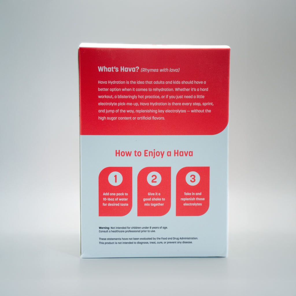 The back of a Hava hydration powder box, featuring a red and white design with text and three numbered steps on a light gray background.