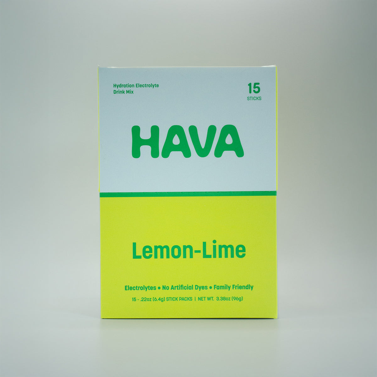 A box of Hava Lemon-Lime hydration electrolyte drink mix, featuring a white top half and a bright yellow-green bottom half with green text, photographed against a neutral light gray background.