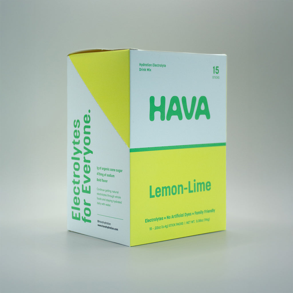 A box of HAVA Electrolytes for Everyone in Lemon-Lime flavor, shown on a neutral gray studio background. The packaging is white and bright yellow-green with green text and branding.