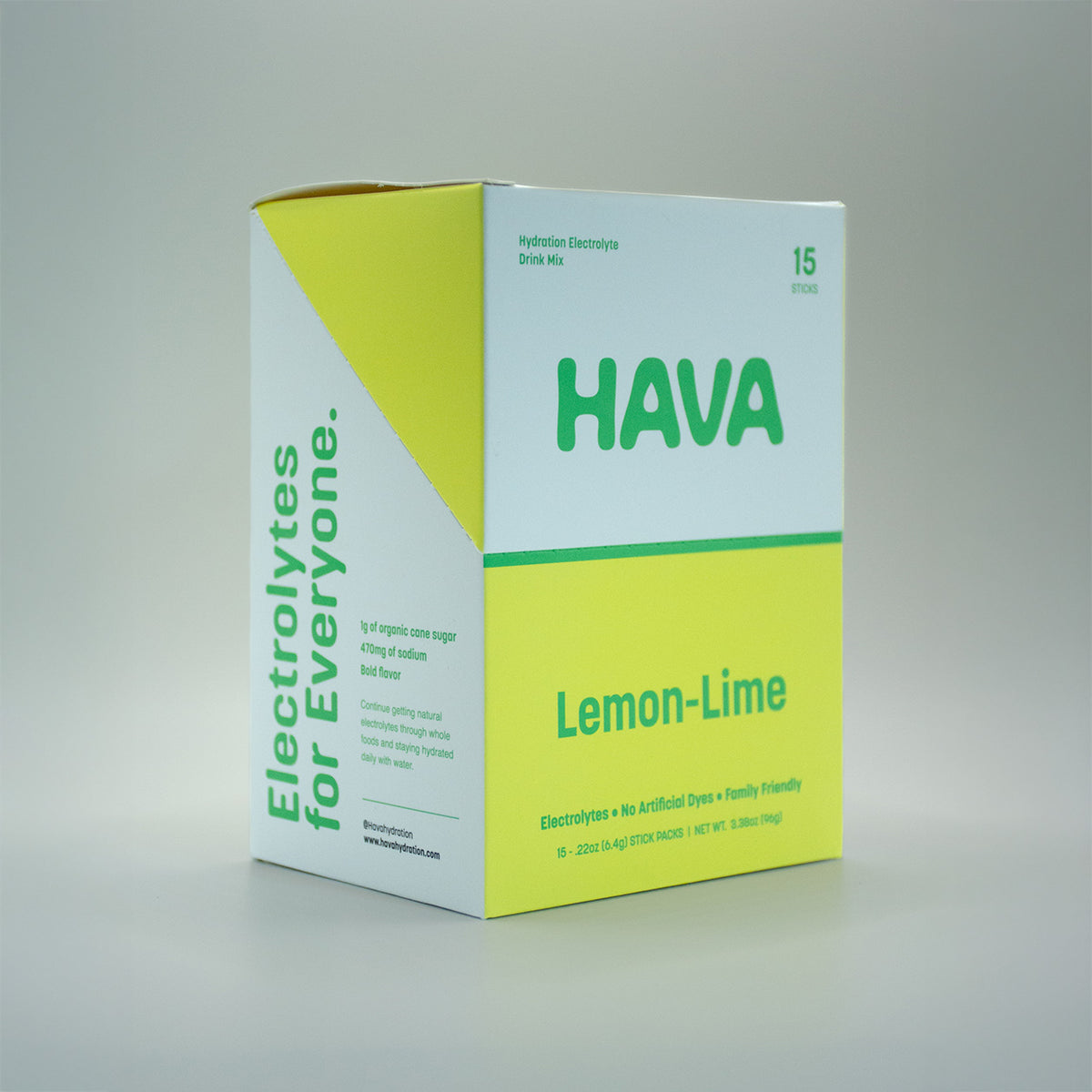 A box of HAVA Electrolytes for Everyone in Lemon-Lime flavor, shown on a neutral gray studio background. The packaging is white and bright yellow-green with green text and branding.