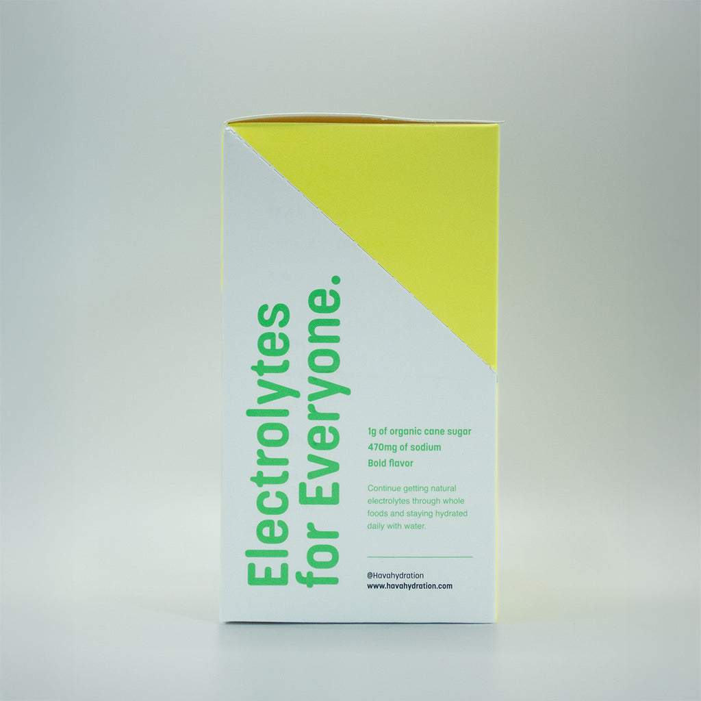 A tall rectangular product box for electrolytes, shown upright against a light gray studio background. The box is white with a large bright yellow diagonal section and green text reading 'Electrolytes for Everyone.