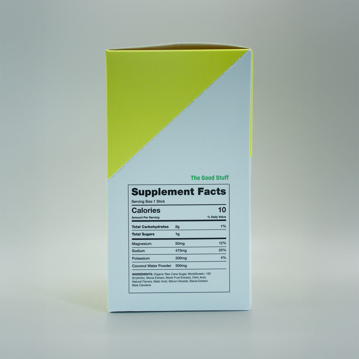 A supplement box shown from the back, featuring a white and light green design with a prominent 'Supplement Facts' label. The brand 'The Good Stuff' is printed in green near the top right of the label.