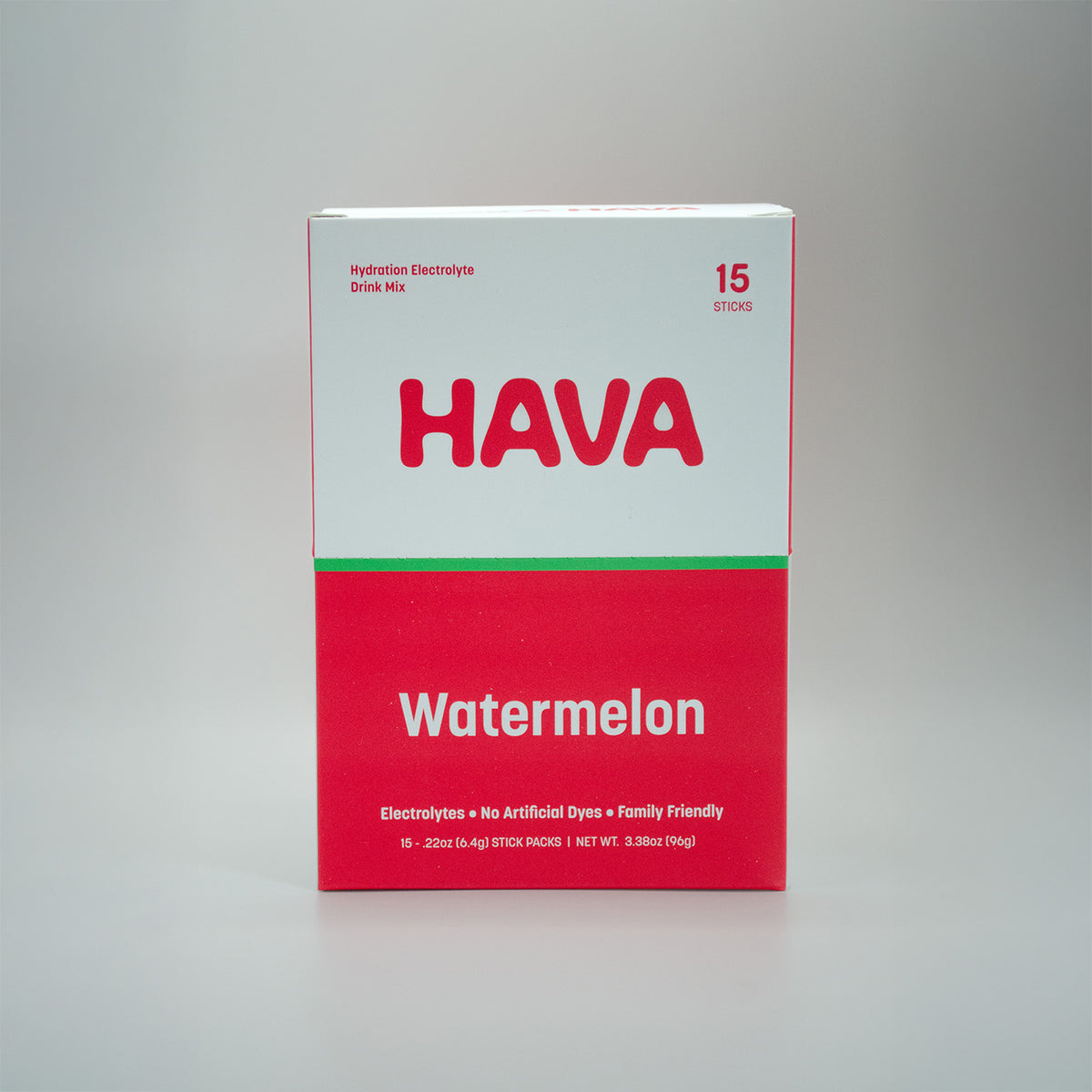 A box of Hava Watermelon hydration electrolyte drink mix, featuring a white top half with red HAVA branding and a red bottom half with white Watermelon text, photographed on a neutral gray background.
