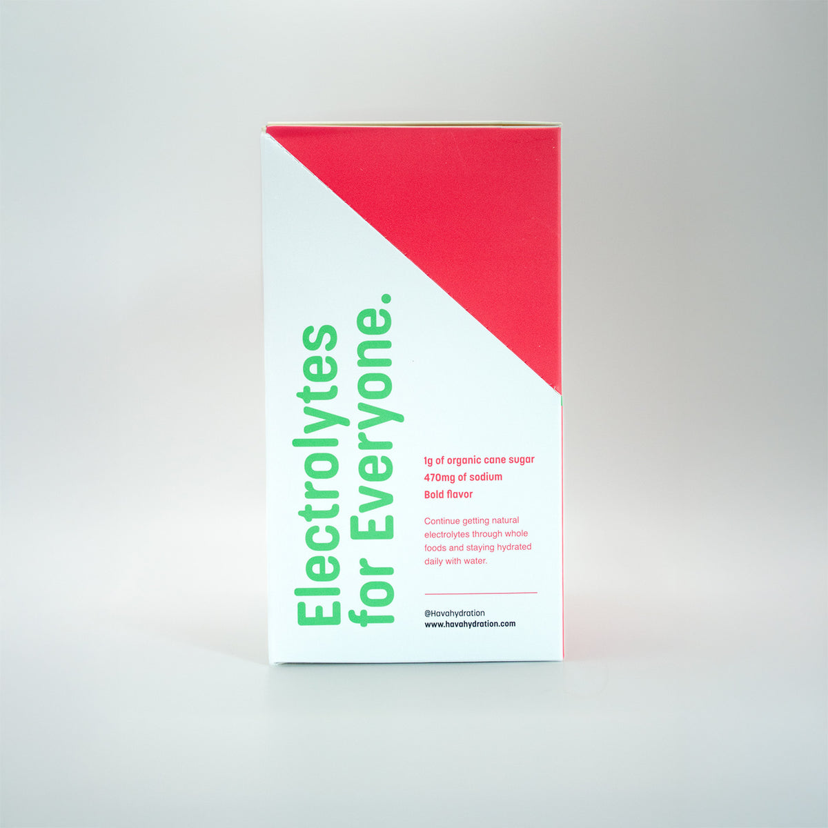 A tall rectangular product box for electrolytes, photographed upright on a light gray studio background. The box is white with a large red triangular section at the top right and green vertical text reading 'Electrolytes for Everyone.