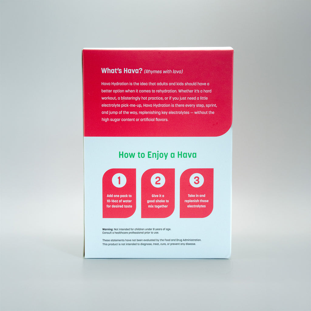 The back of a Hava hydration powder box, featuring a red top section with white text and a light blue lower section with three red step icons, photographed against a neutral gray background.