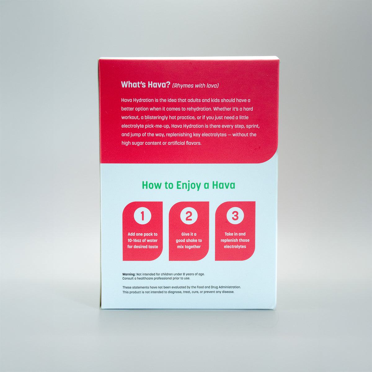 The back of a Hava hydration powder box, featuring a red top section with white text and a light blue lower section with three red step icons, photographed against a neutral gray background.