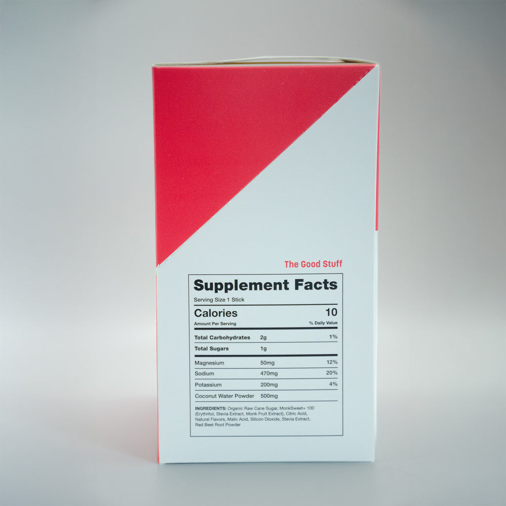 A white supplement box with a bold red geometric accent on the top half, photographed against a clean light gray background. The front label reads 'The Good Stuff' and 'Supplement Facts' with a visible nutrition panel.