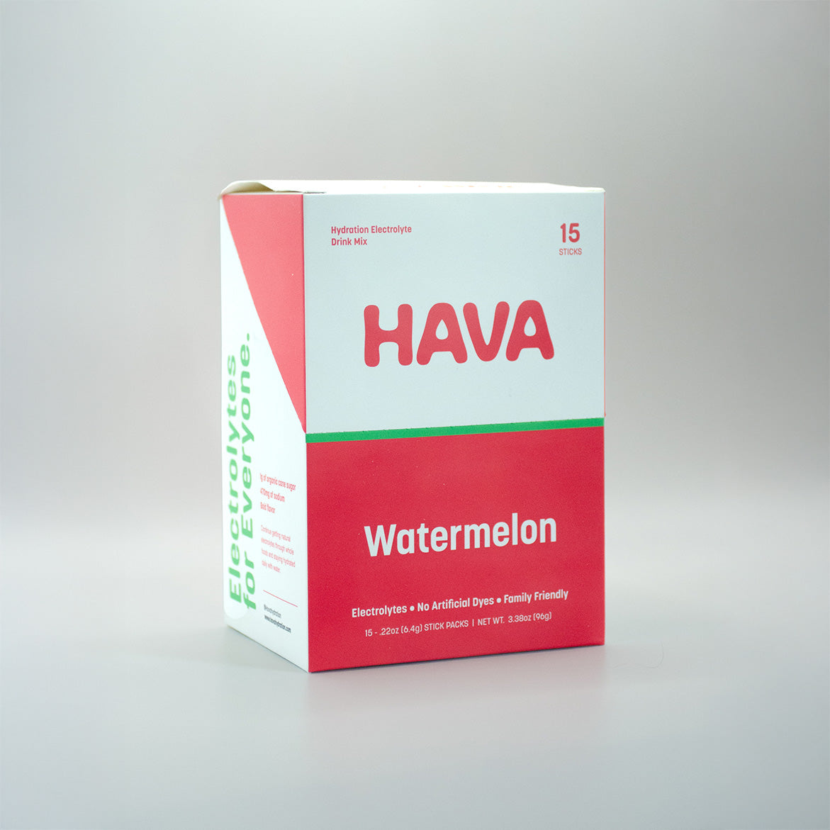 A box of Hava Electrolyte Watermelon flavor hydration electrolytes drink mix, shown on a neutral light gray background.