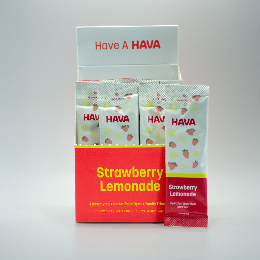 A box of HAVA Strawberry Lemonade electrolyte drink mix with individual sachets displayed in front on a light gray background.