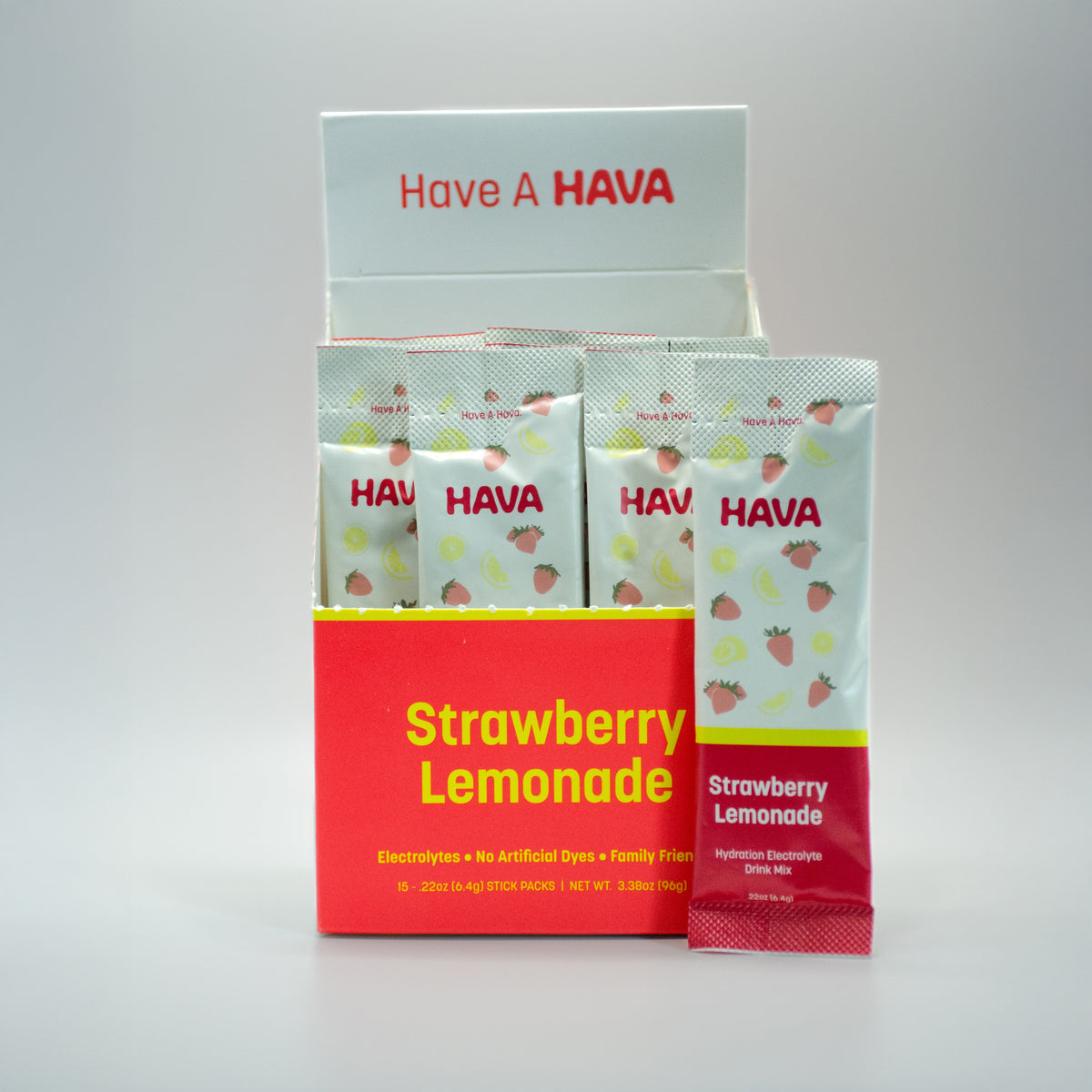 A box of HAVA Strawberry Lemonade electrolyte drink mix with individual sachets displayed in front on a light gray background.